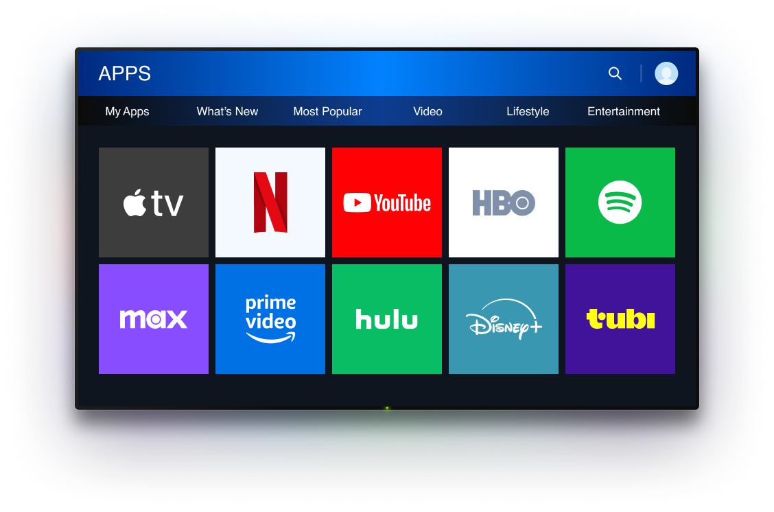 Smart TV apps displayed on the TV screen